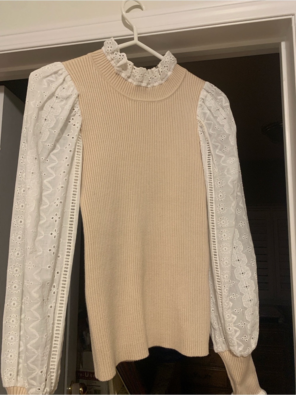En Saison Cream Ribbed Sweater with Eyelet Lace Collar - Picture 3 of 3